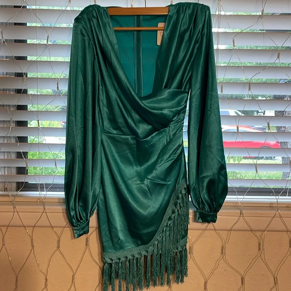 Chic Teal Long Sleeve Dress with Fringe - Picture 1 of 5